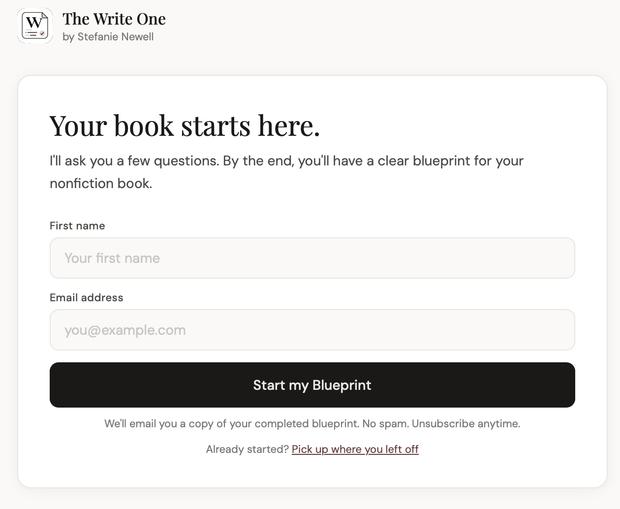 The Write One welcome screen