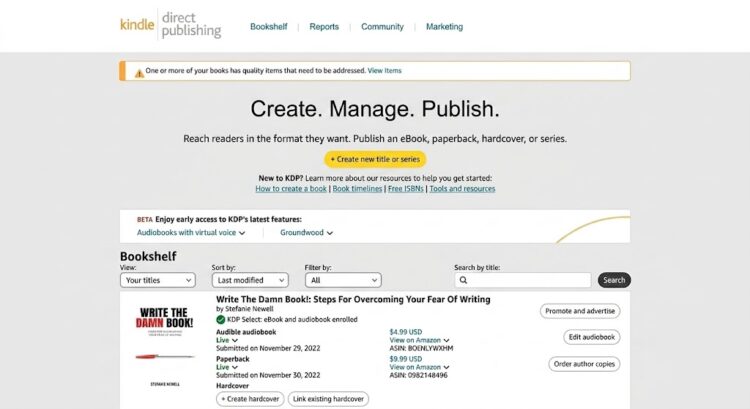 Amazon KDP dashboard for self-publishing a nonfiction book