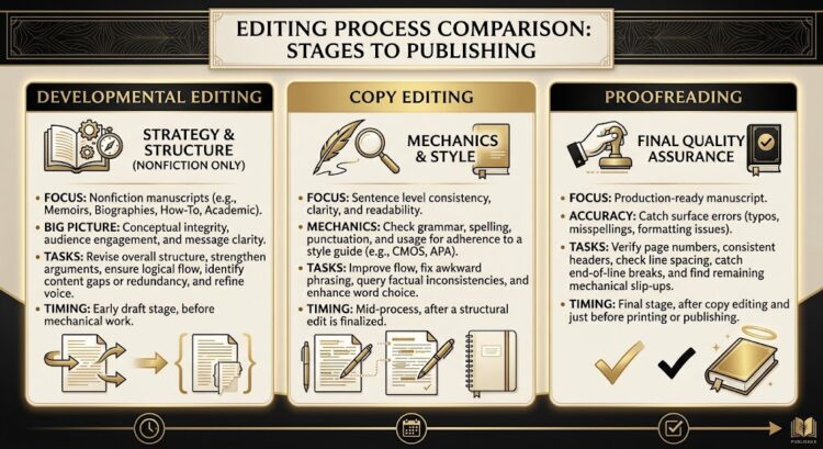 Types of book editing compared: developmental, copy editing, and proofreading.