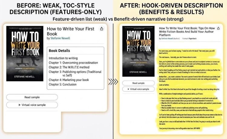 Before and after comparison of a weak versus strong nonfiction book description