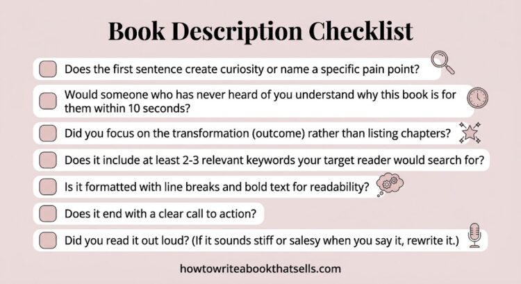 Checklist for writing a strong book description for self-published nonfiction authors