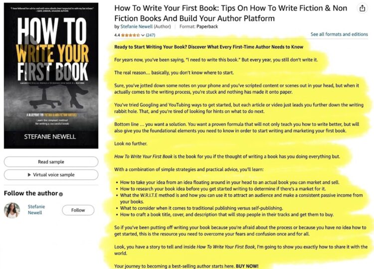 Amazon book listing showing where the book description appears for nonfiction authors